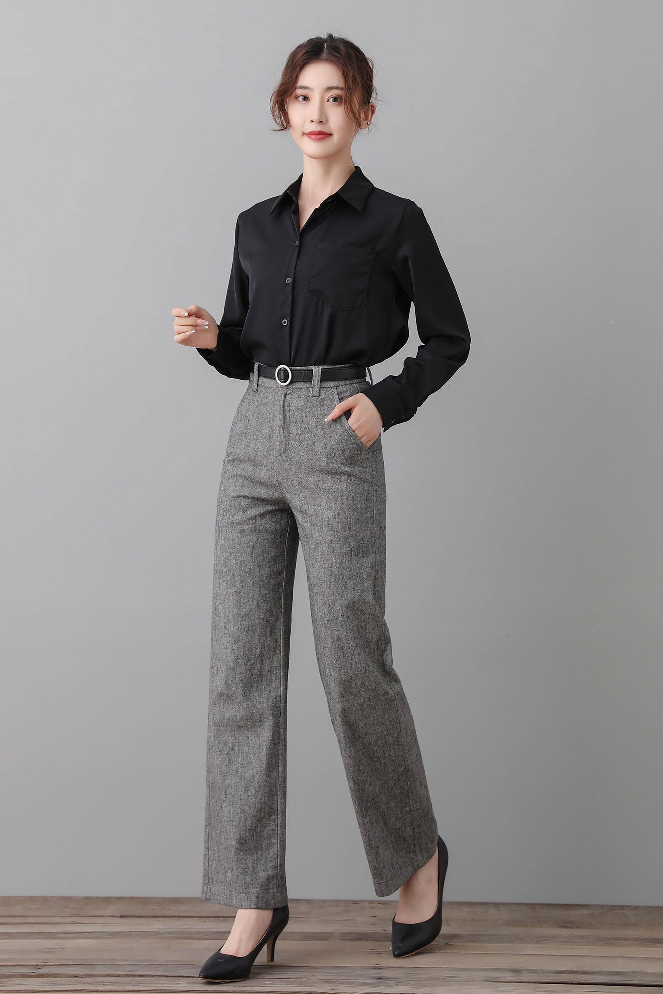 Gray Linen Pants, High Waist Long Pants C2551