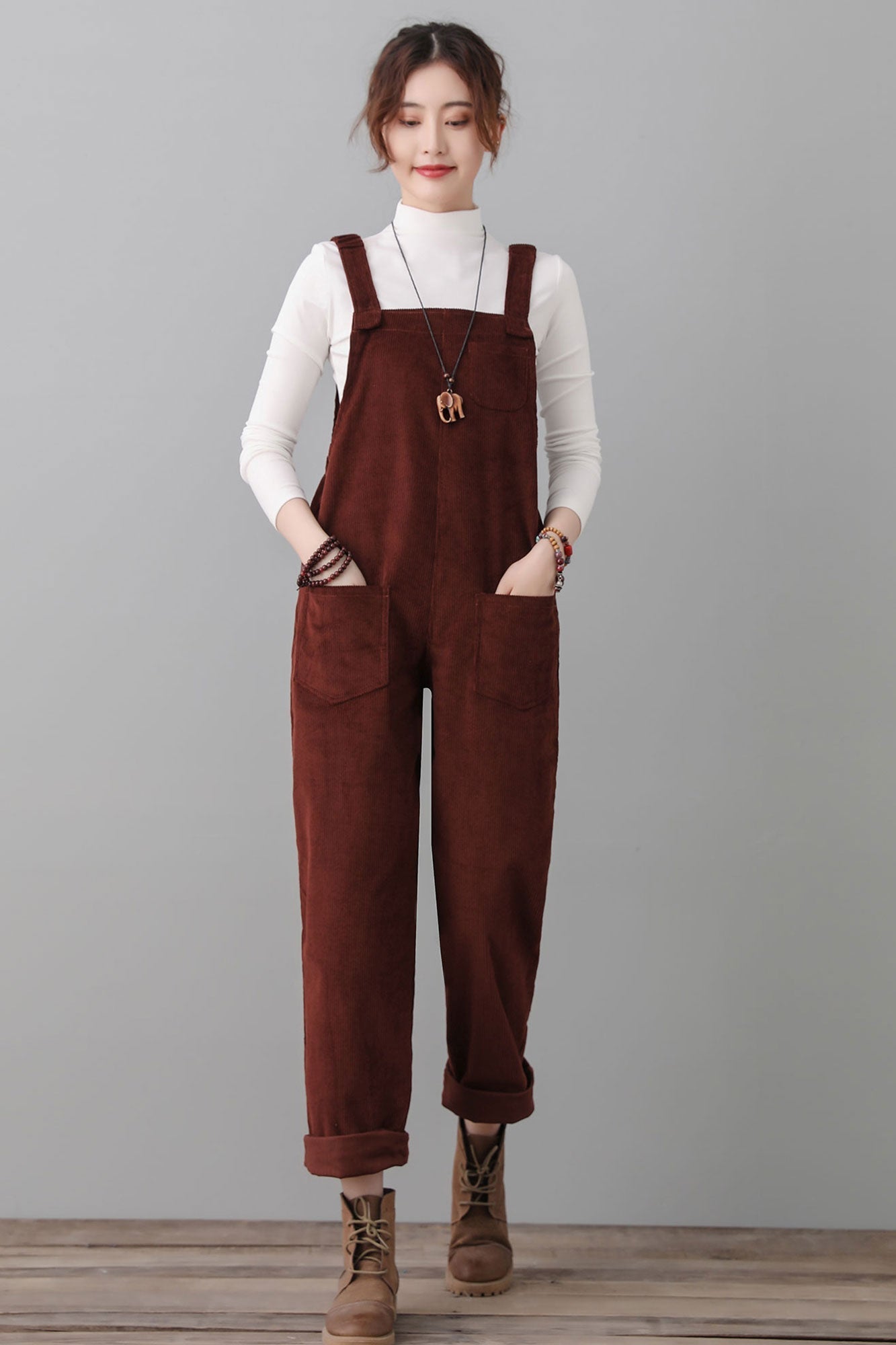 Women Wine Red Corduroy Overalls C2553#