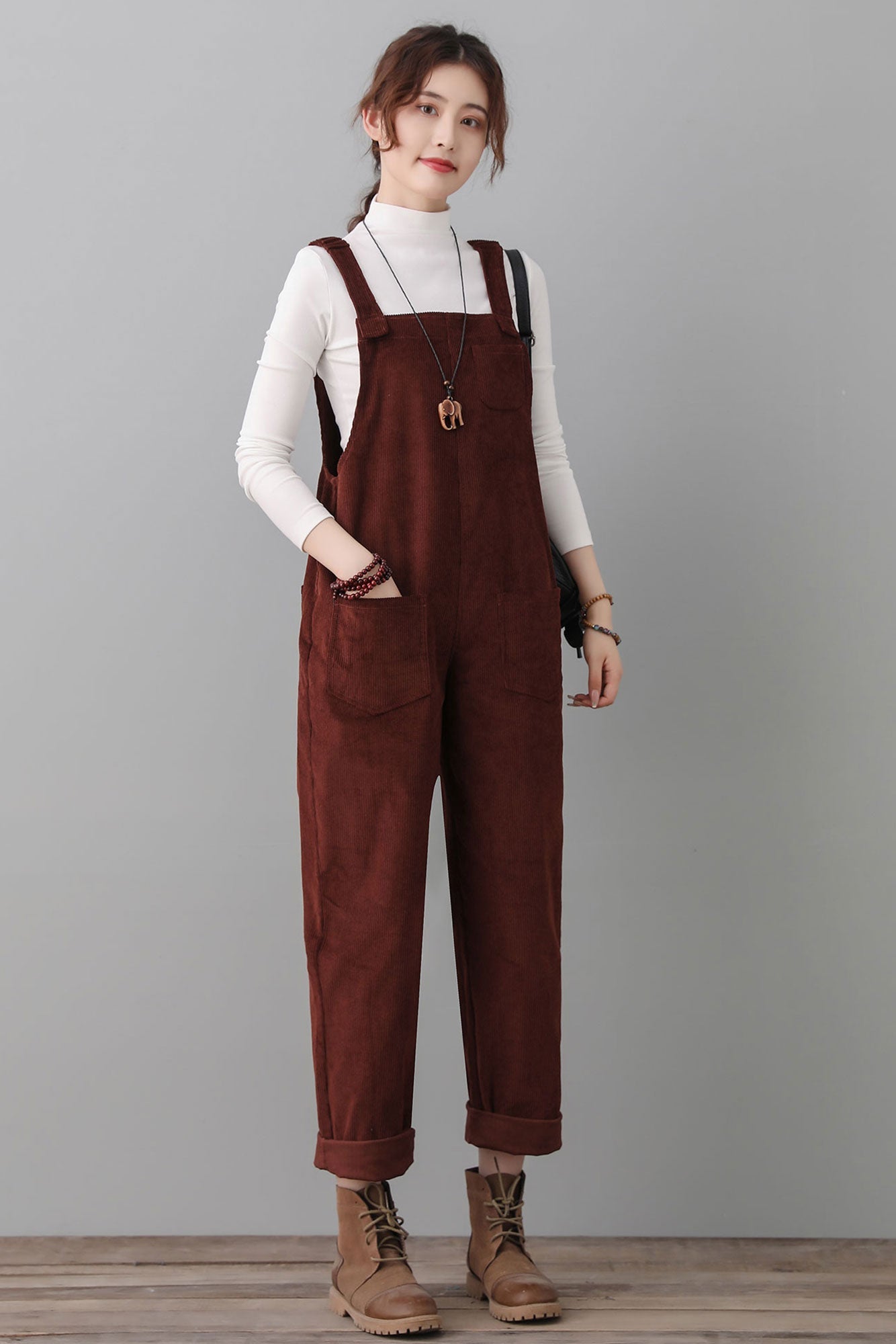 Women Wine Red Corduroy Overalls C2553#