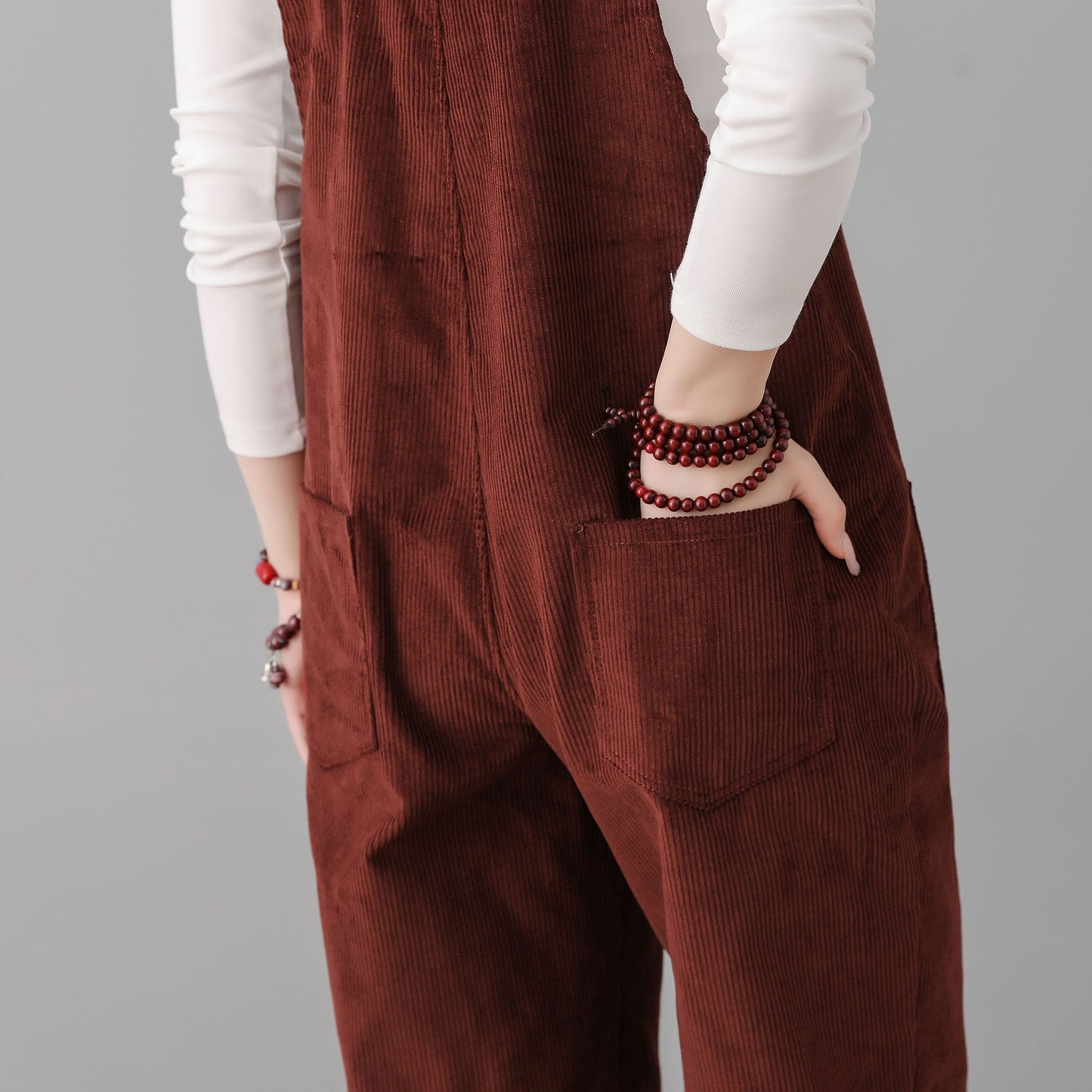Women Wine Red Corduroy Overalls C2553#