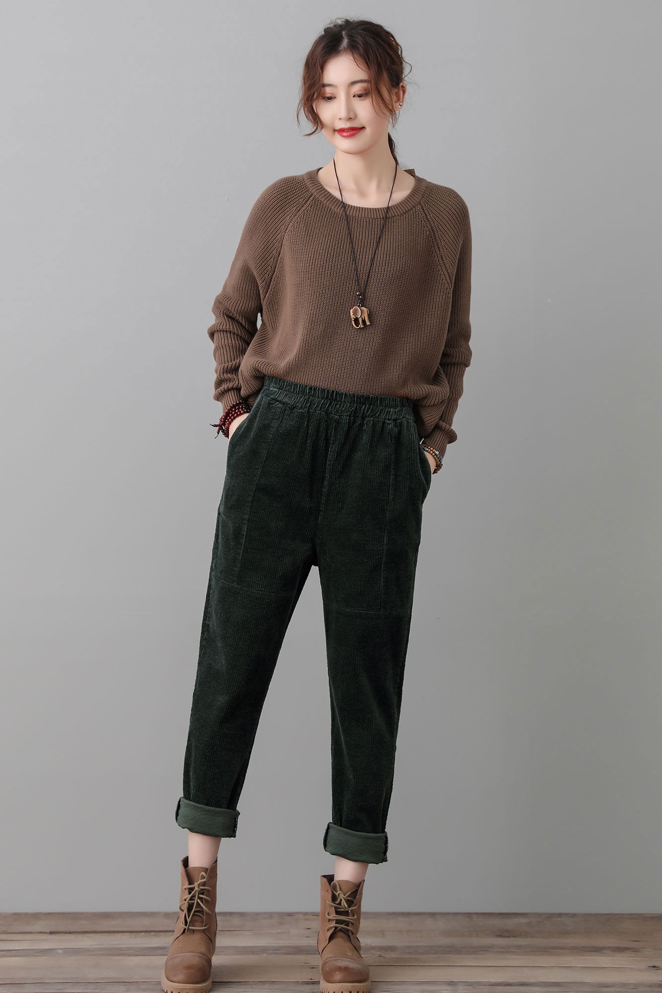 Green Corduroy Harem Pants Women C2555