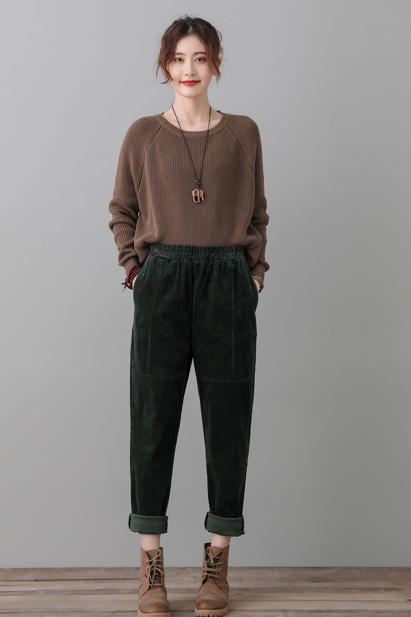 Green Corduroy Harem Pants Women C2555