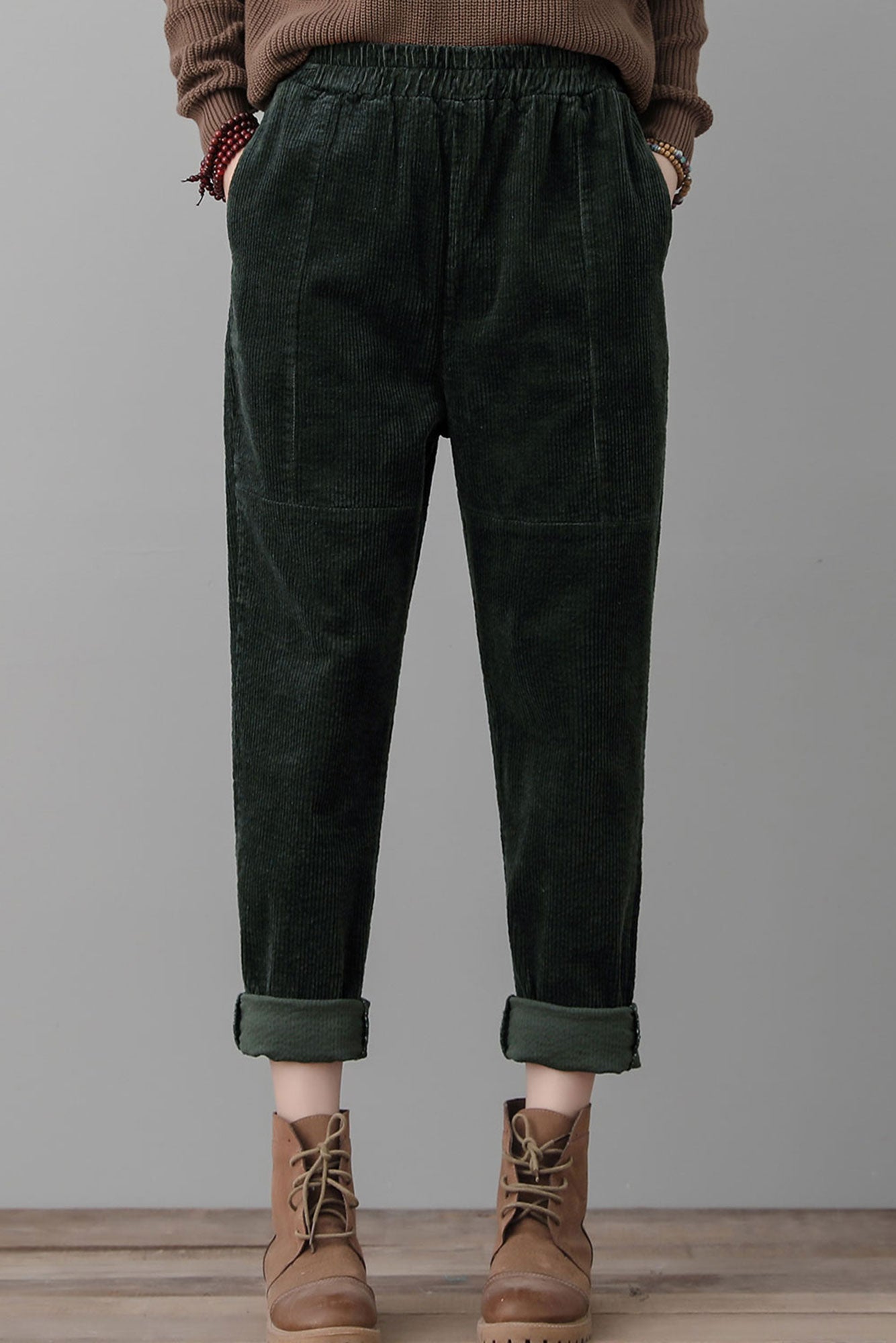 Green Corduroy Harem Pants Women C2555