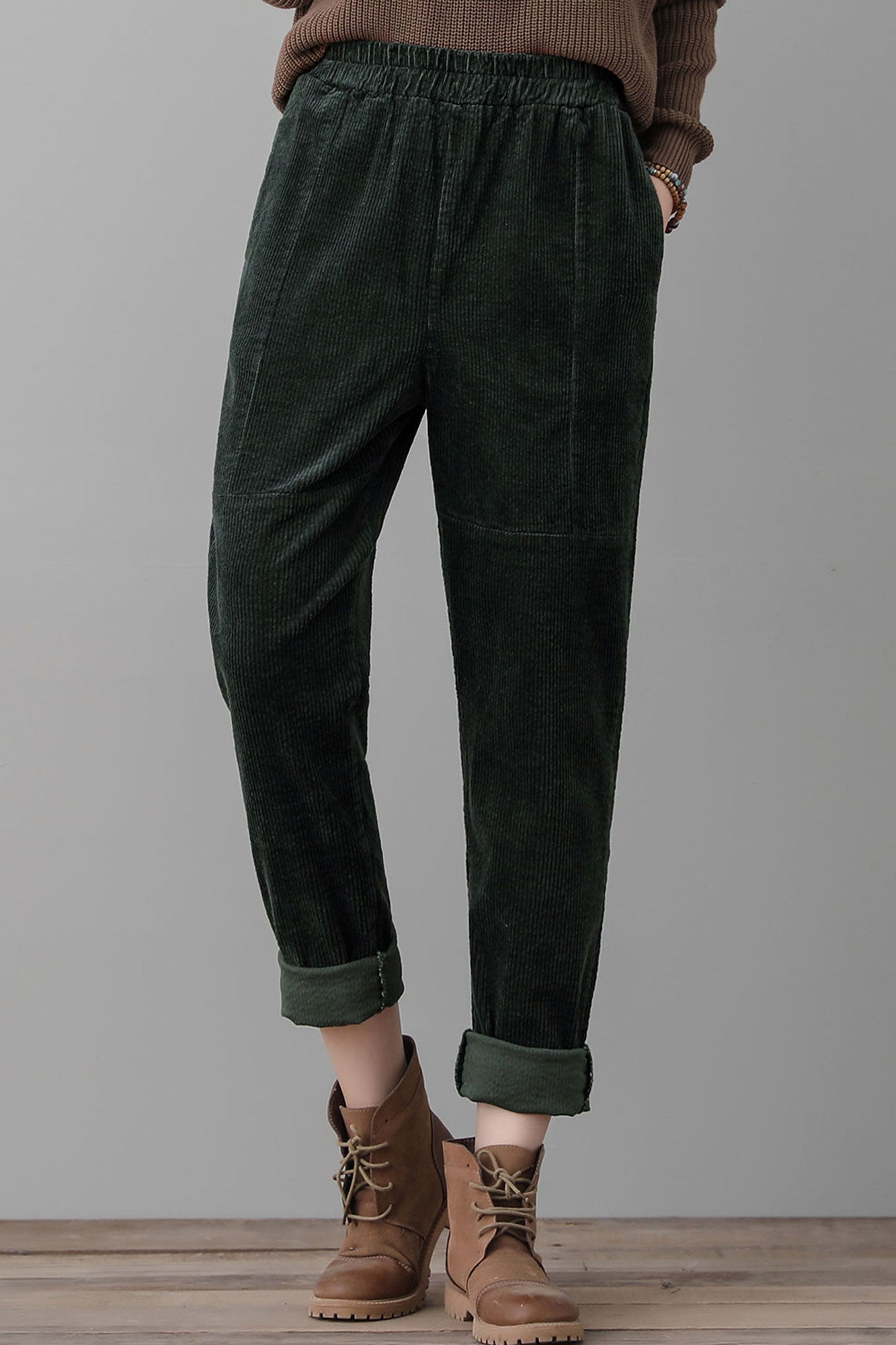 Women Green Corduroy Harem Pants C2555#