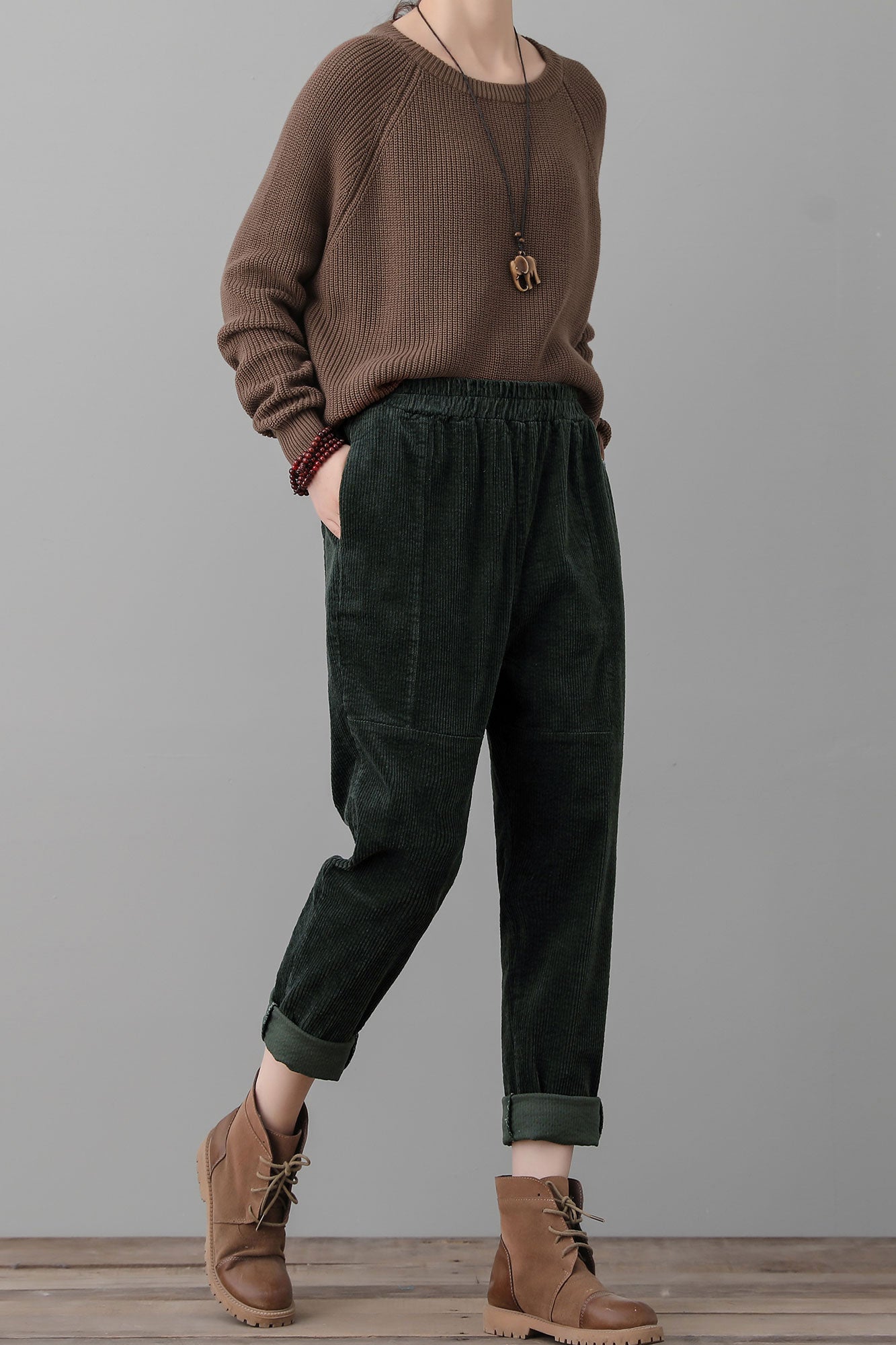 Green Corduroy Harem Pants Women C2555