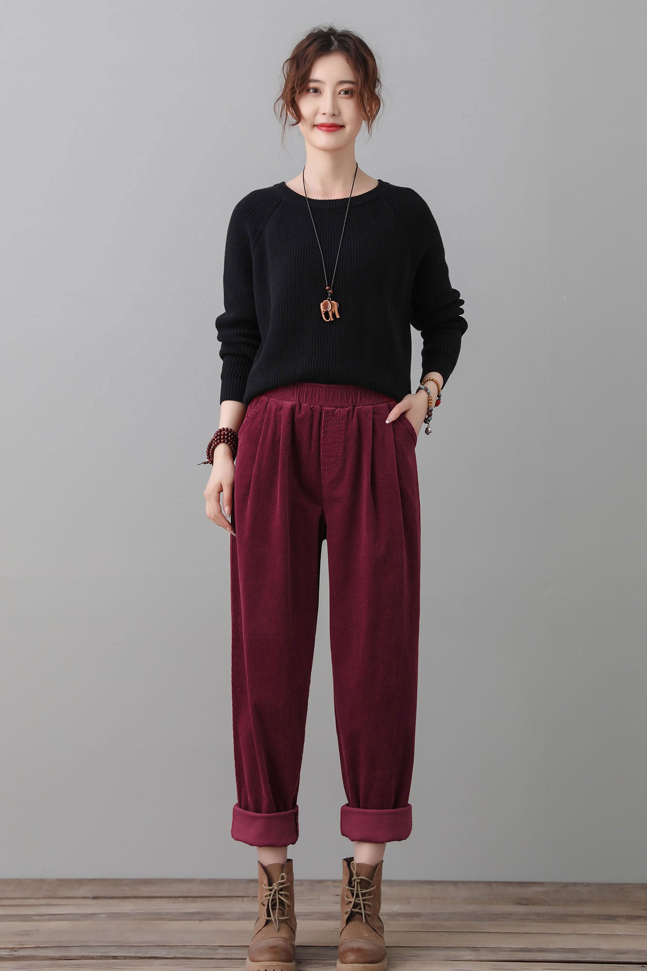 Burgundy Corduroy Pants Women C2556