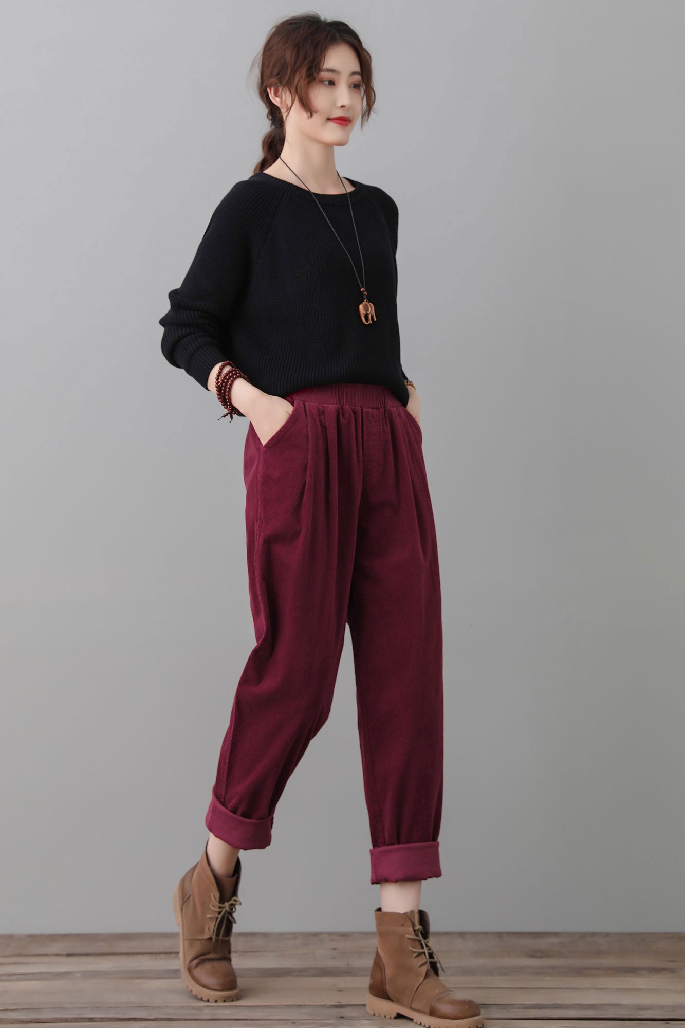 Burgundy Corduroy Pants Women C2556