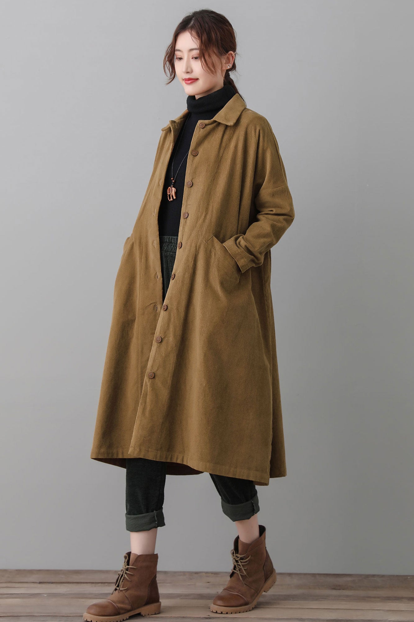Vintage Inspired Brown Corduroy Trench Coat C2563