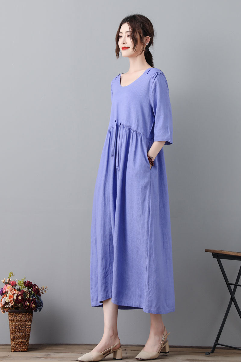 Purple 3/4 Sleeve Pleated Linen Dress With Drawstring C2314