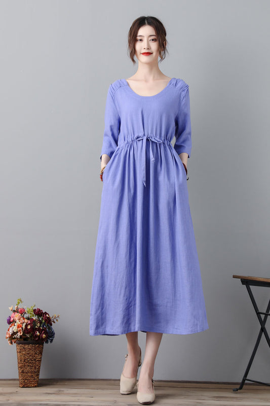 Purple Linen Cotton Midi Dress - Pleated Drawstring Waist C2314