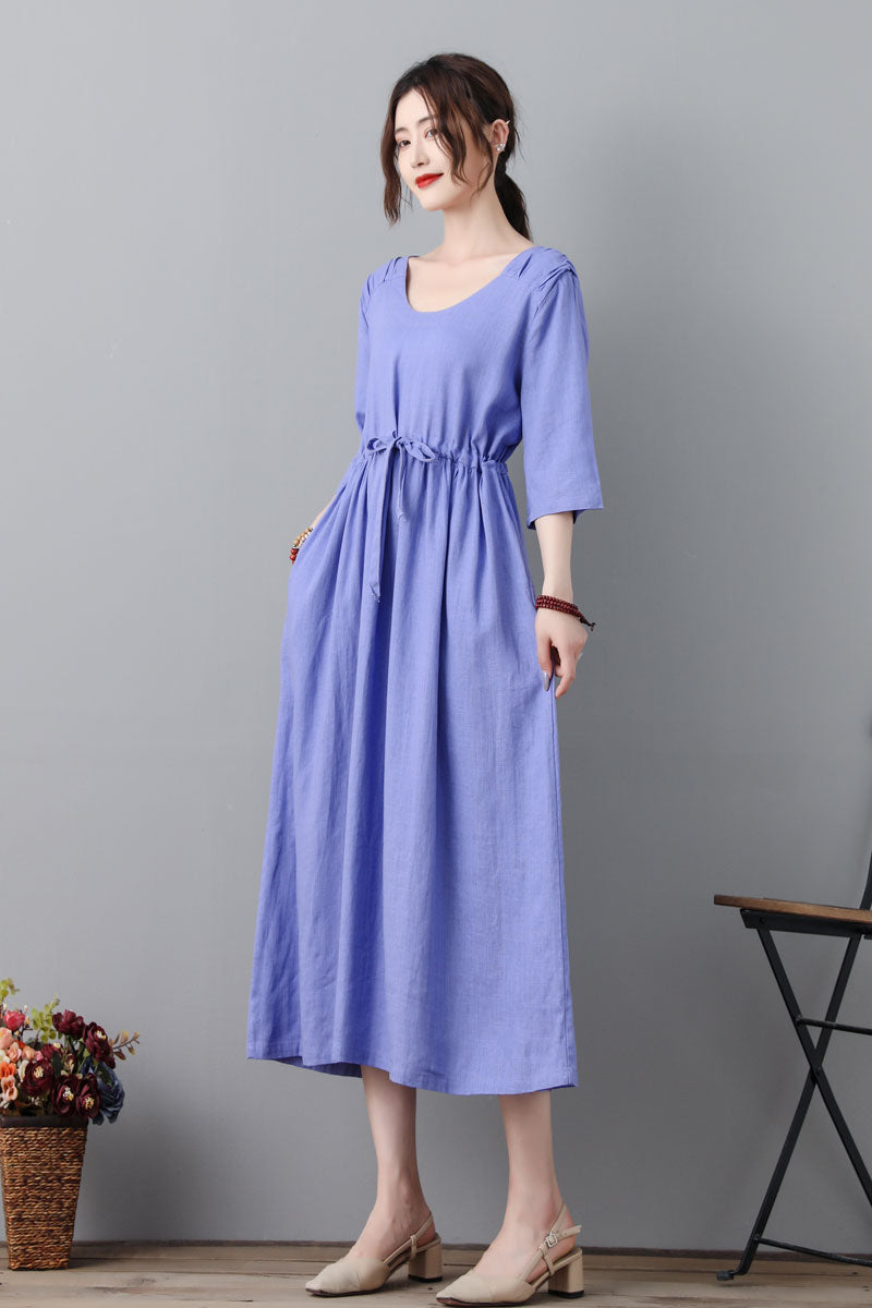 Purple 3/4 Sleeve Pleated Linen Dress With Drawstring C2314