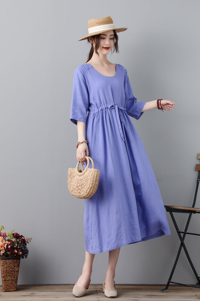 Purple 3/4 Sleeve Pleated Linen Dress With Drawstring C2314