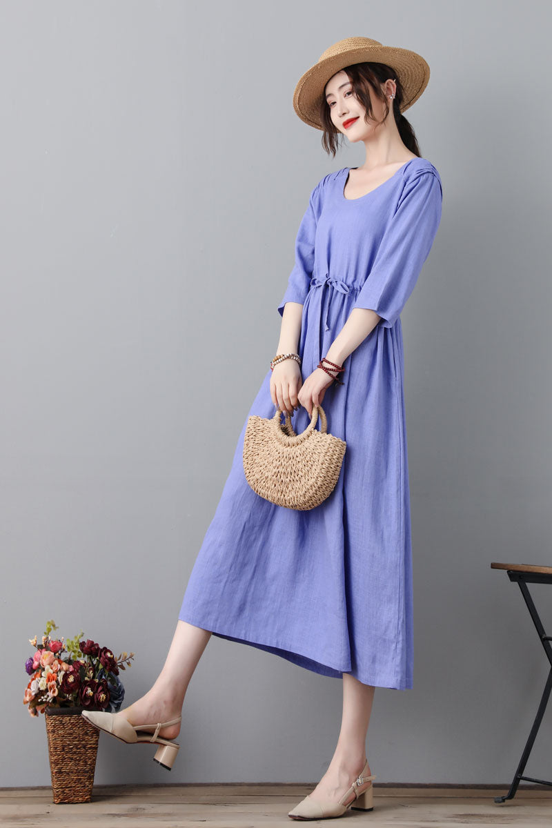 Purple 3/4 Sleeve Pleated Linen Dress With Drawstring C2314