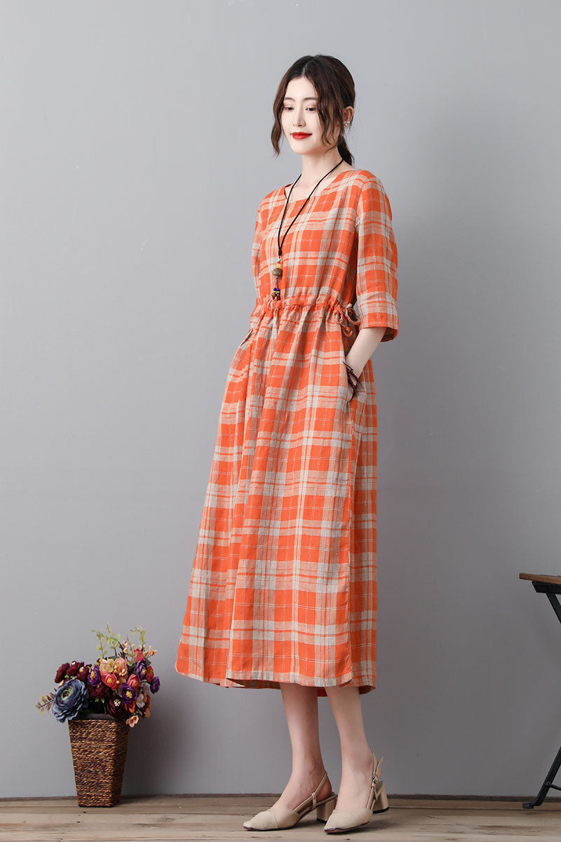 Vintage Inspired Plaid Linen Dress With Drawstring C231701