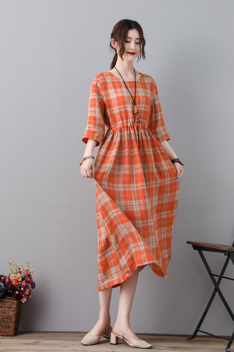 Vintage Inspired Plaid Linen Dress With Drawstring C231701