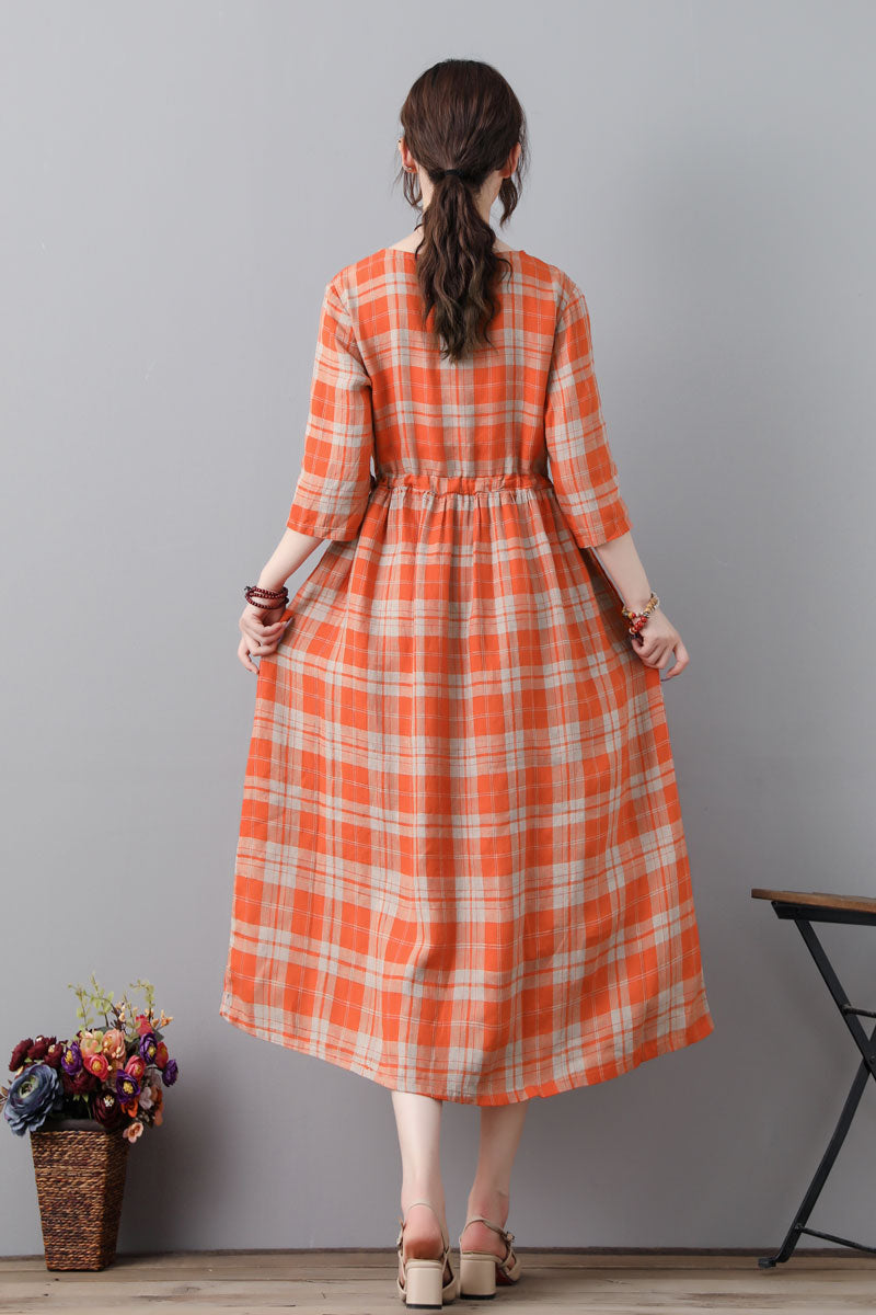 Vintage Inspired Plaid Linen Dress With Drawstring C231701