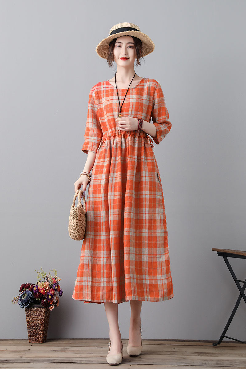 Vintage Inspired Plaid Linen Dress With Drawstring C231701