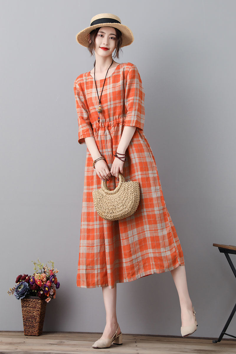 Vintage Inspired Plaid Linen Dress With Drawstring C231701