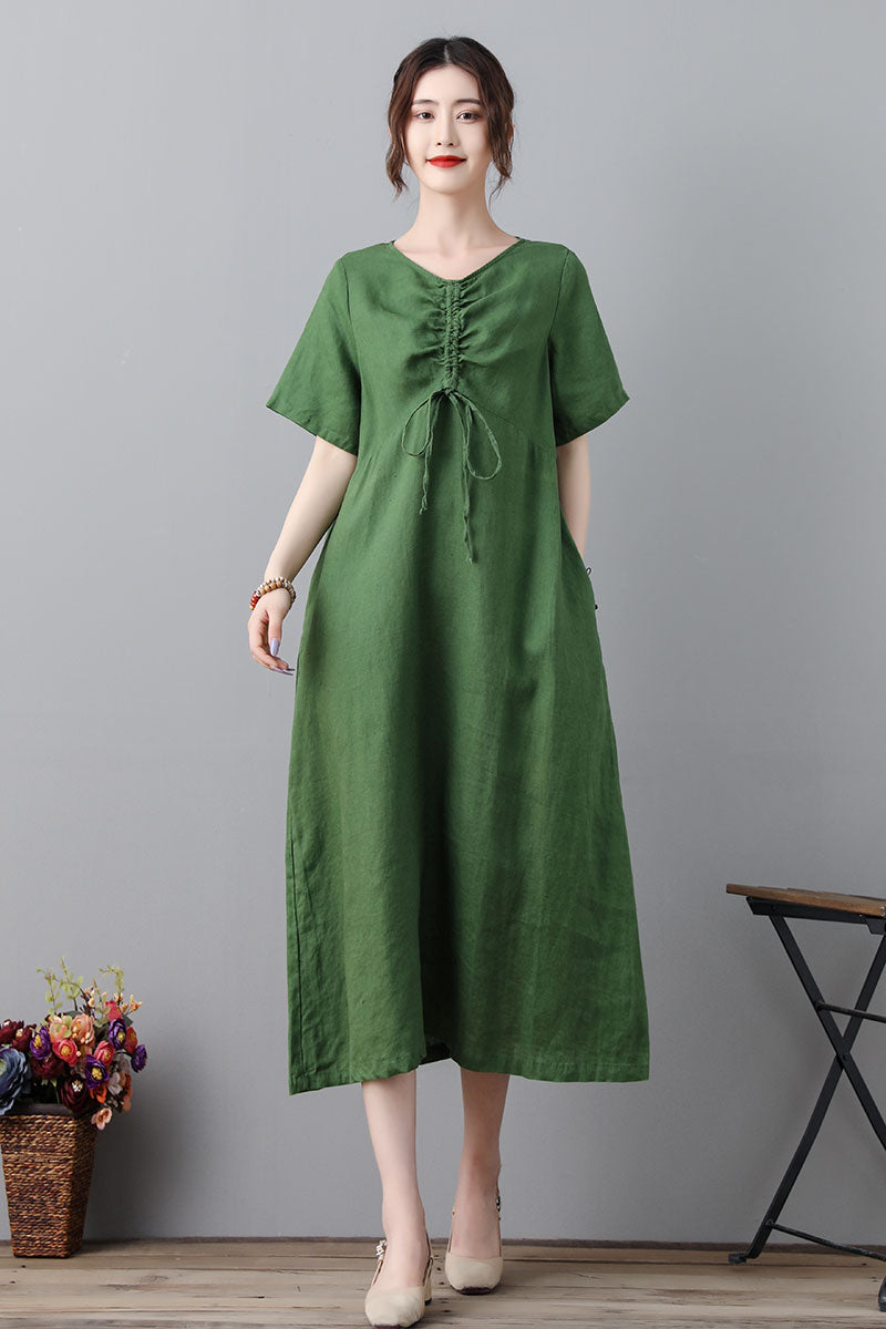 Green Simple Midi Linen Dress For Women C2318