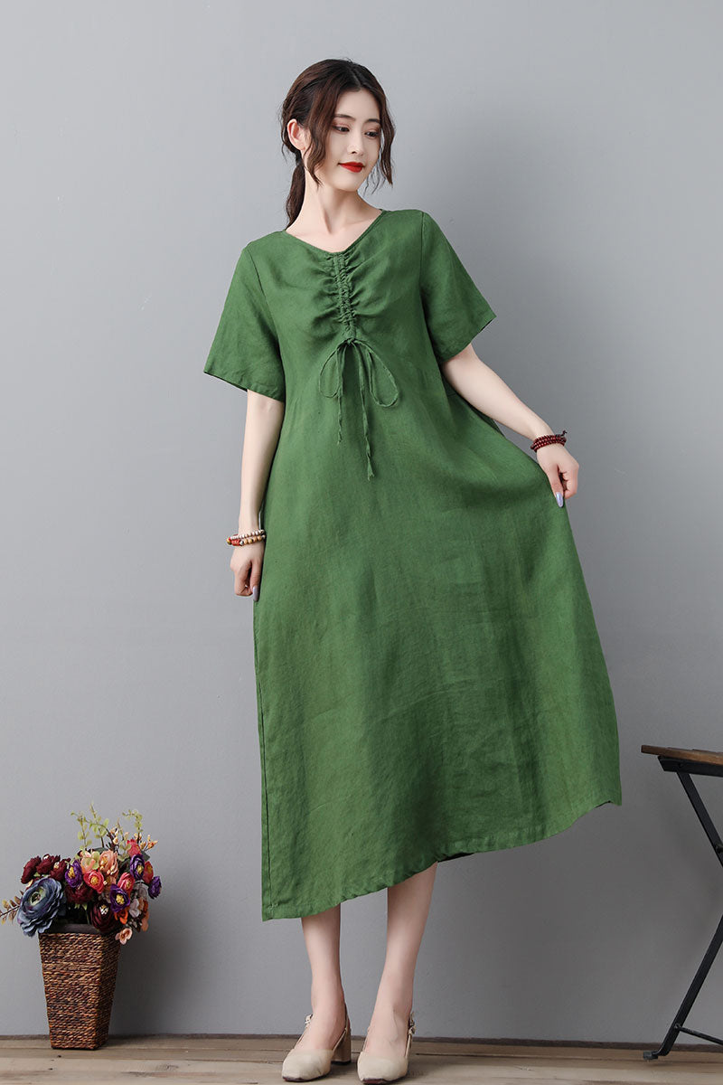Green Simple Midi Linen Dress For Women C2318