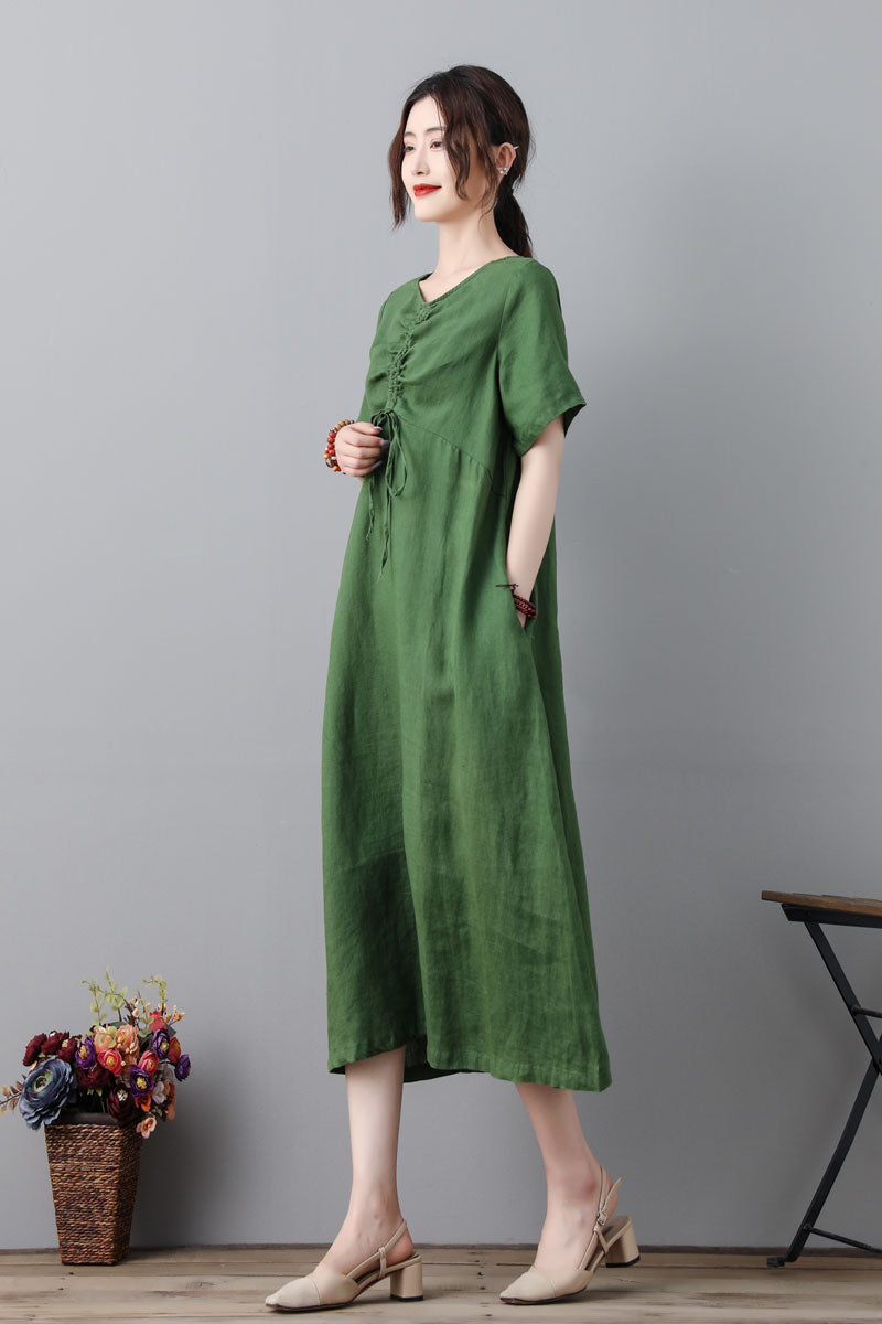 Green Simple Midi Linen Dress For Women C2318