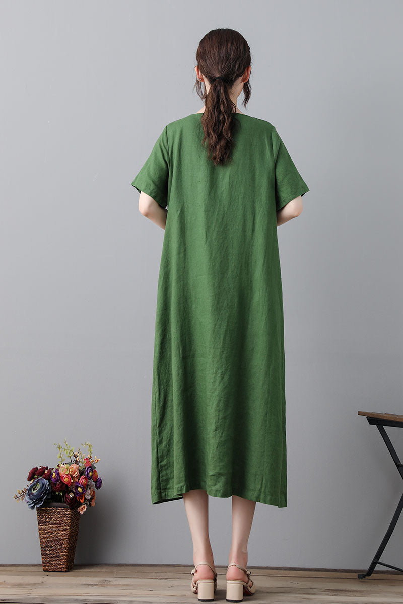 Green Simple Midi Linen Dress For Women C2318