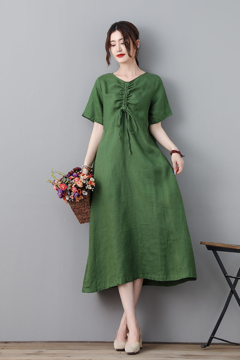 Green Simple Midi Linen Dress For Women C2318