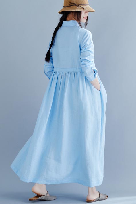 Light Blue Cotton and Linen Maxi Dress - Doll Collar, Loose Waist 190236