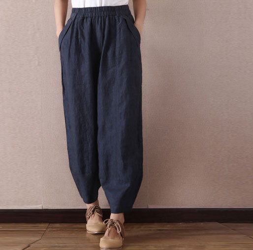 Casual wild leg linen pants with elastic waist A007
