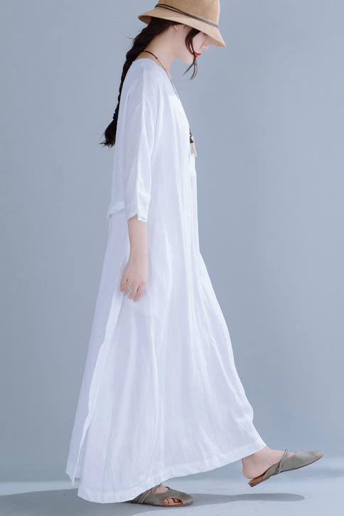White Linen Maxi Dress - V-Neck and Seven Minute Sleeve 190244