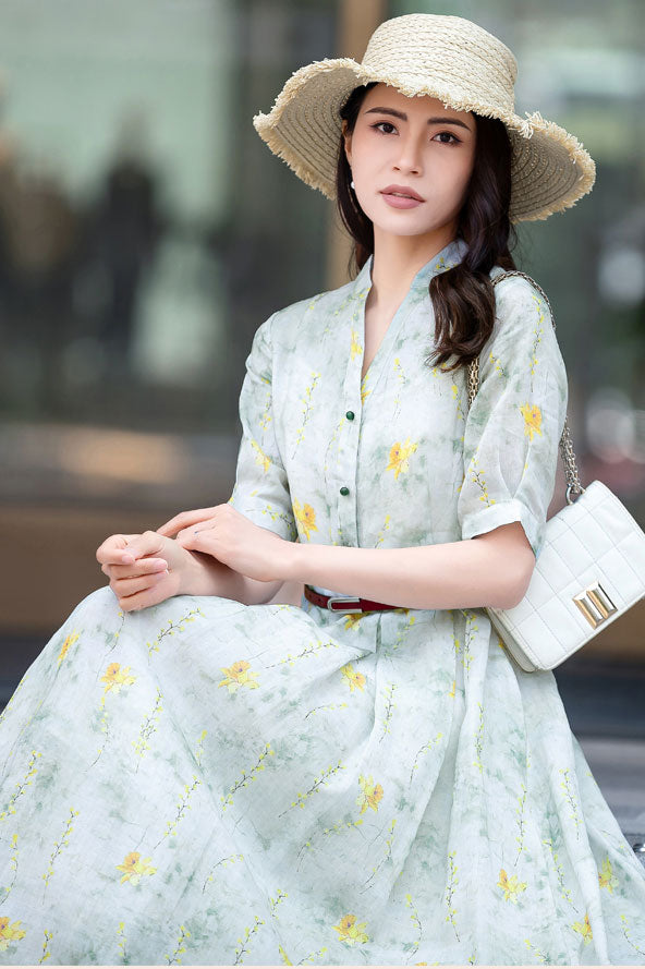 Green Floral Linen dress c2832