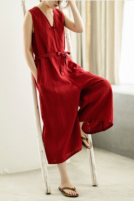 Red Linen Wide Leg Jumpsuit - Deep V Neck with Pockets C2394