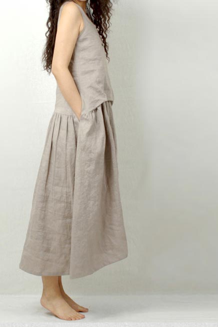 Beige Linen Lantern Long Dress - Sleeveless Low Waist 190240