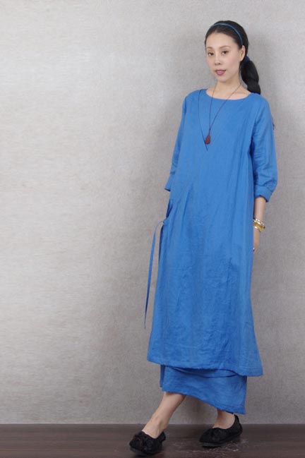 Blue Linen Maxi Dress - Loose Waist with V-Neck 190239