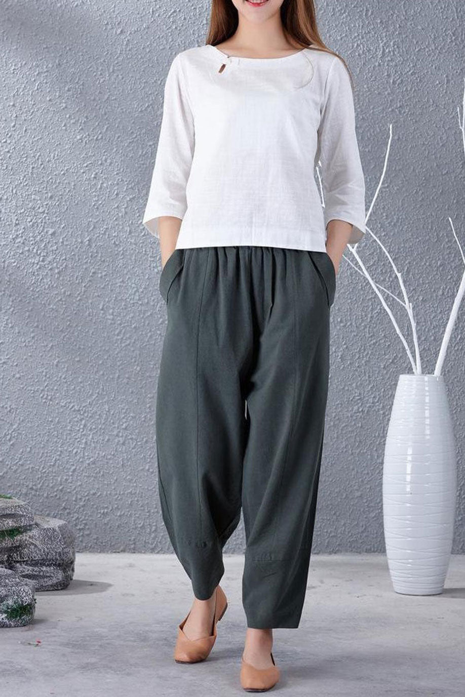 Casual wild leg linen pants with elastic waist A007