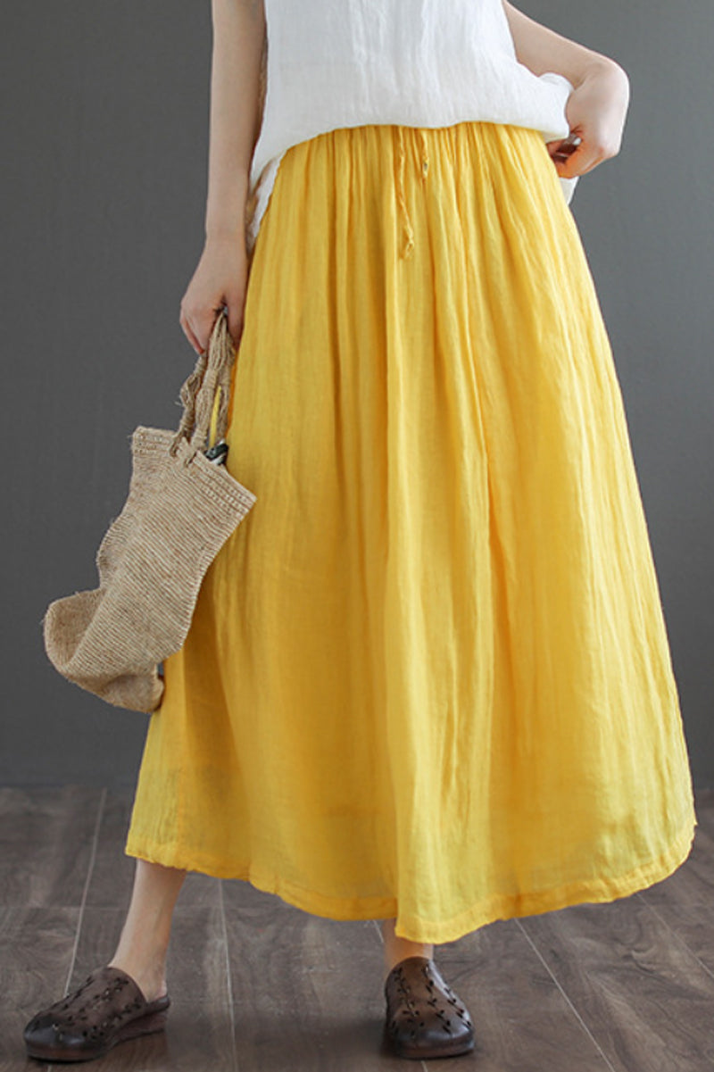 Yellow Elastic Waist Linen Swing Skirt C190303