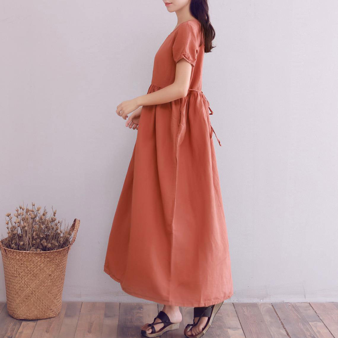 short sleeve loose fit linen maxi dress A008