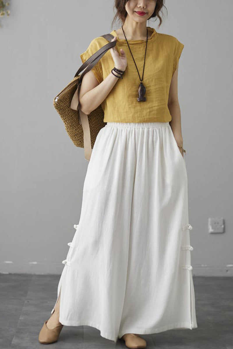 White Elastic Waist Wide Leg Linen Pants C181604