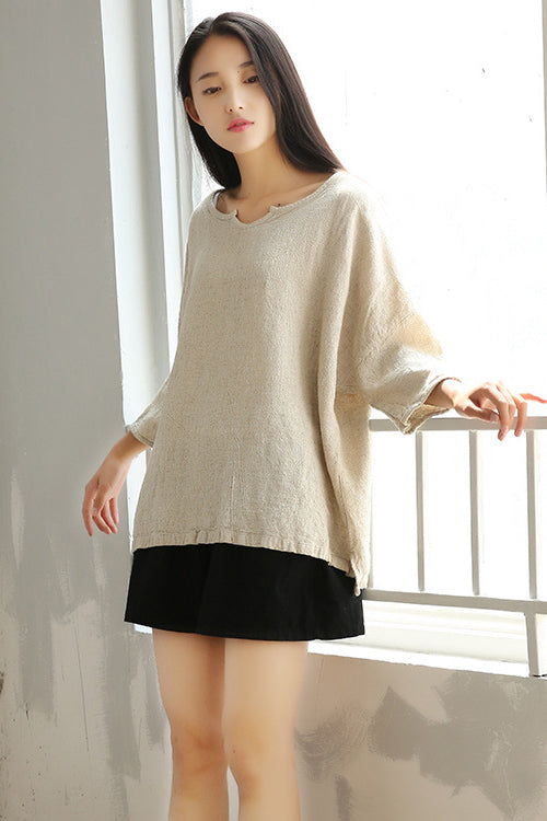 Khaki Cotton Linen Short Sleeve Tops C2828