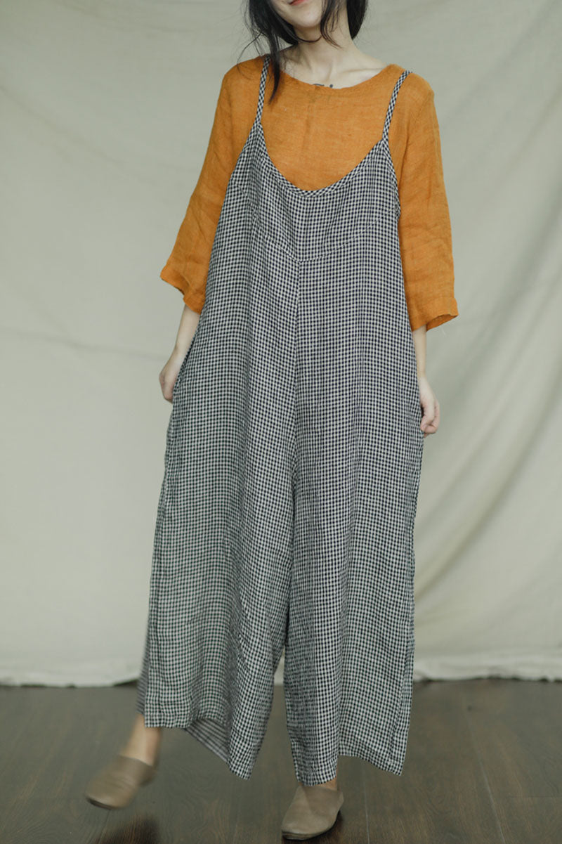 Black Plaid Sleeveless Linen Jumpsuits C2398