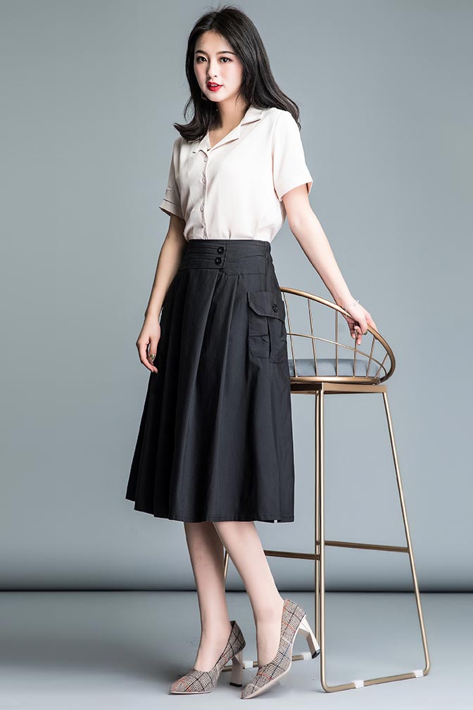 Beige High Waist A-Line Linen Skirt - Above Calf Length CYM032-190064