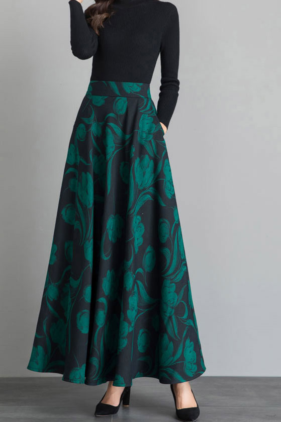Newest High Waist Floral Print Warm Winter Maxi Skirt C2488