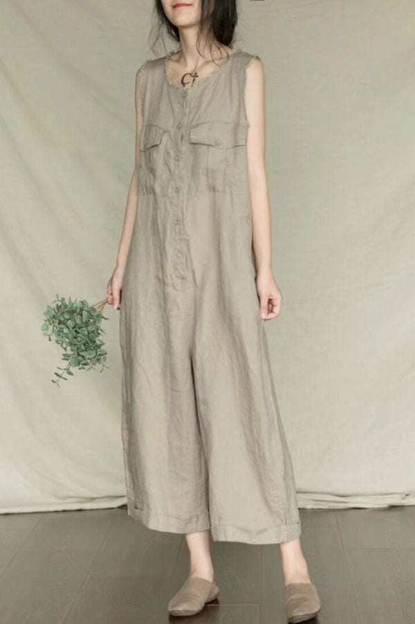 Round Neck Black Linen Jumpsuits C2397