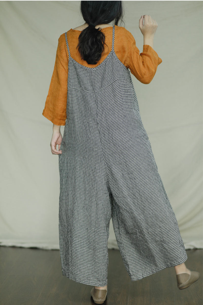 Black Plaid Sleeveless Linen Jumpsuits C2398