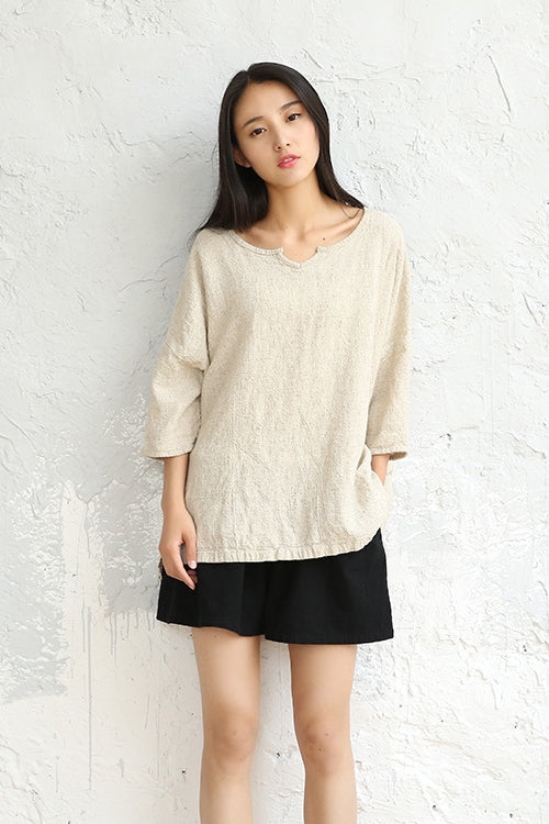Khaki Cotton Linen Short Sleeve Tops C2828