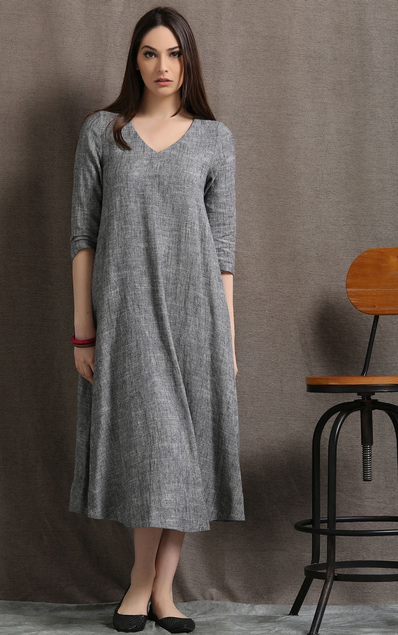 Grey linen v neckline dress C413