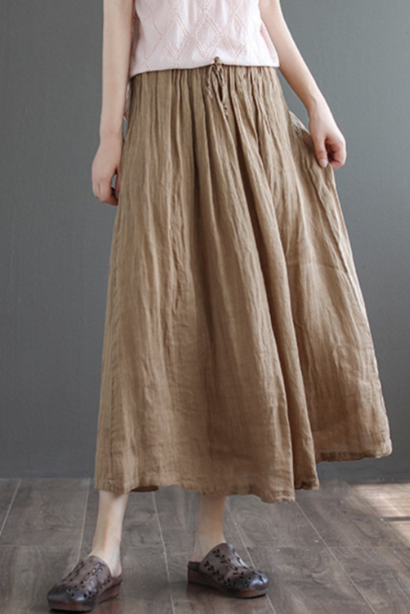 Brown Elastic Waist Linen Swing Skirt C190302