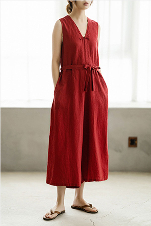 Deep V Neck Red Linen Jumpsuits C2394