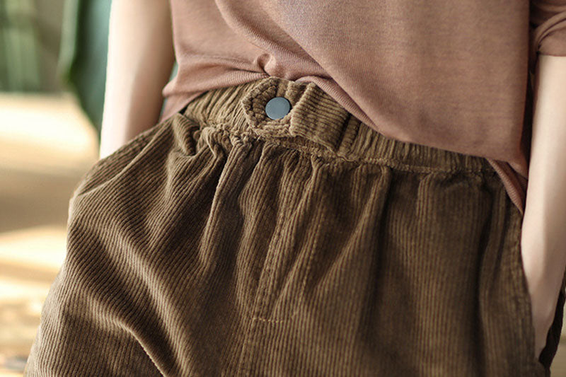 Coffee Color Elastic Waist Corduroy Pants C2440