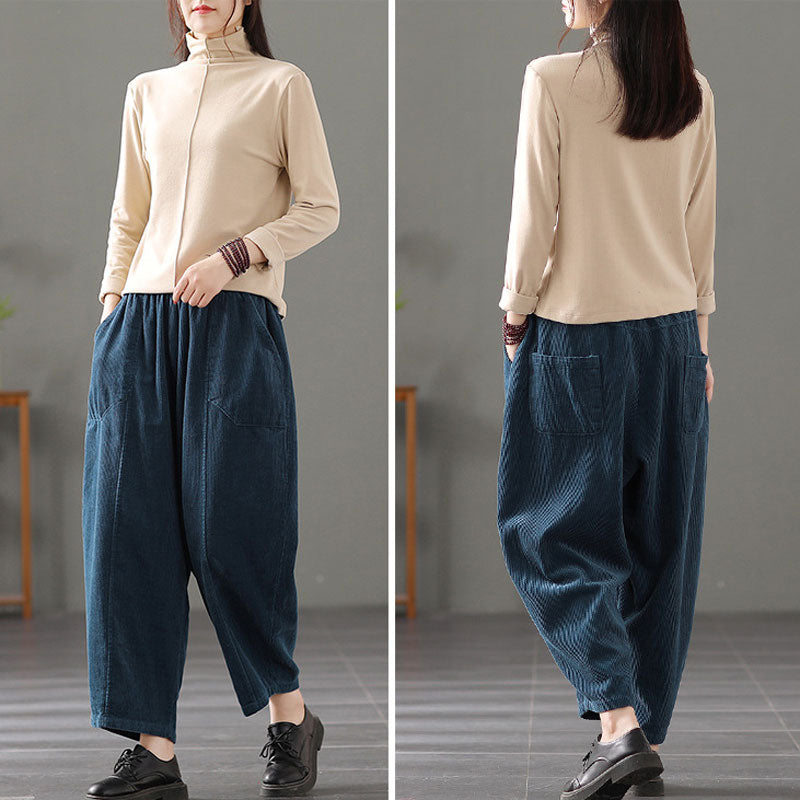 Blue Elastic Waist Corduroy Pants C2442